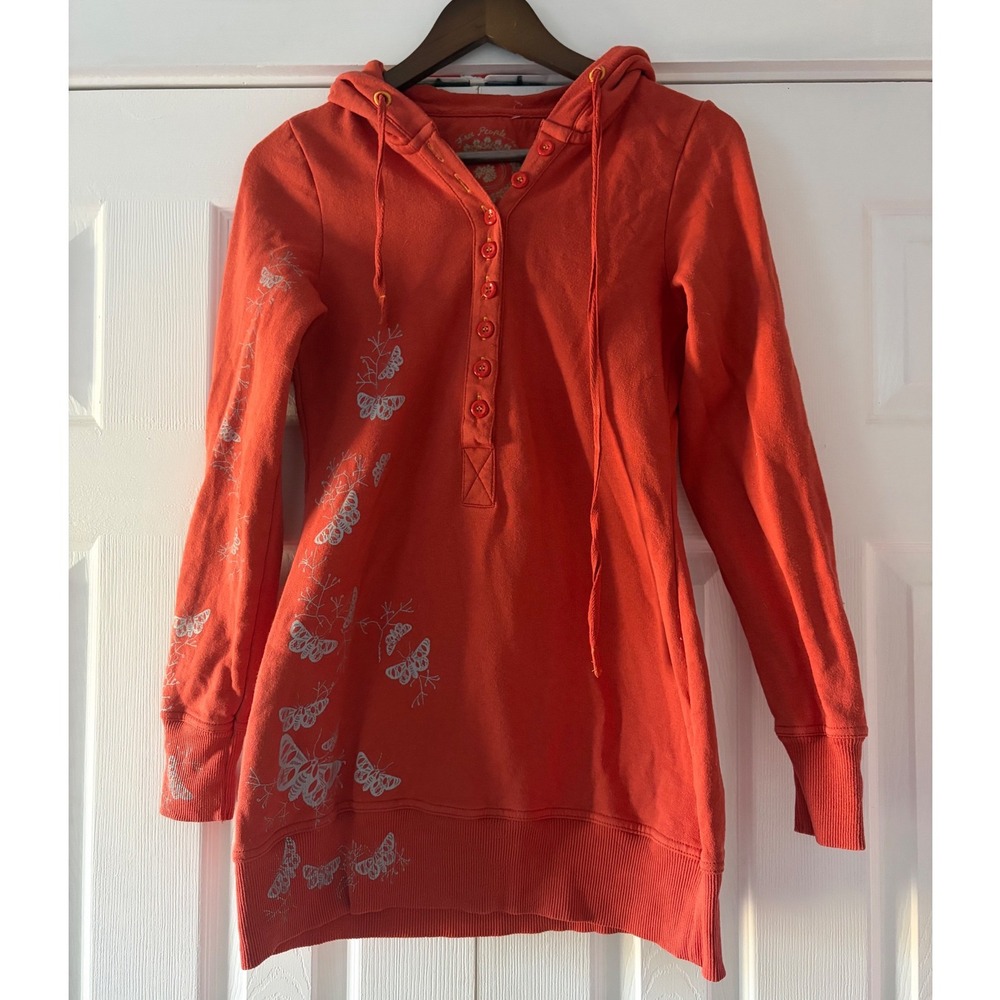 Free‎ People Vintage Y2K Butterfly Graphic Henley Hoodie Longline Tunic Small
